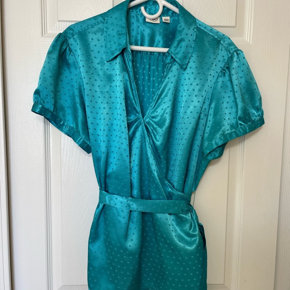 Cato Blu/Green Puff Sleeve Blouse with Tie Front